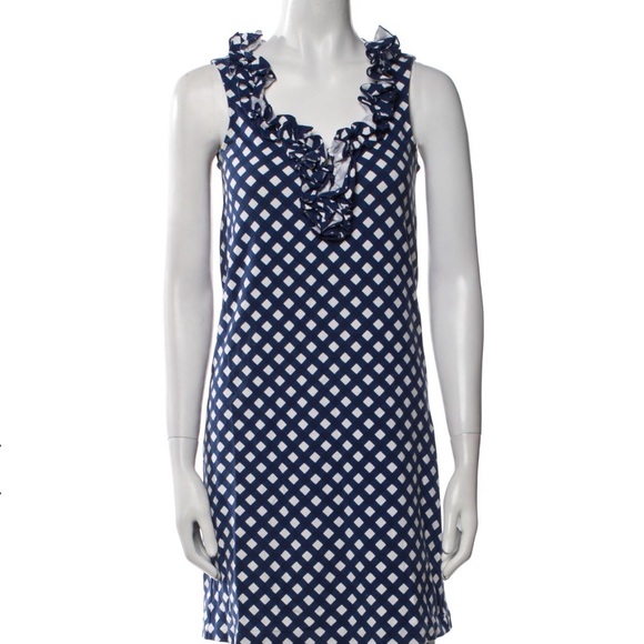 Kate Spade NY Blue Print Ruffle Mini Dress XS Preppy Coastal Summer - Picture 2 of 4